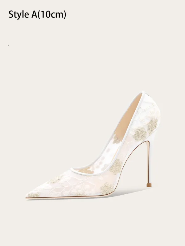 Elegant White Embroidered Lace Wedding Shoes 2025 10 cm Stiletto Heels Pointed Toe Wedding Pumps High Heels
