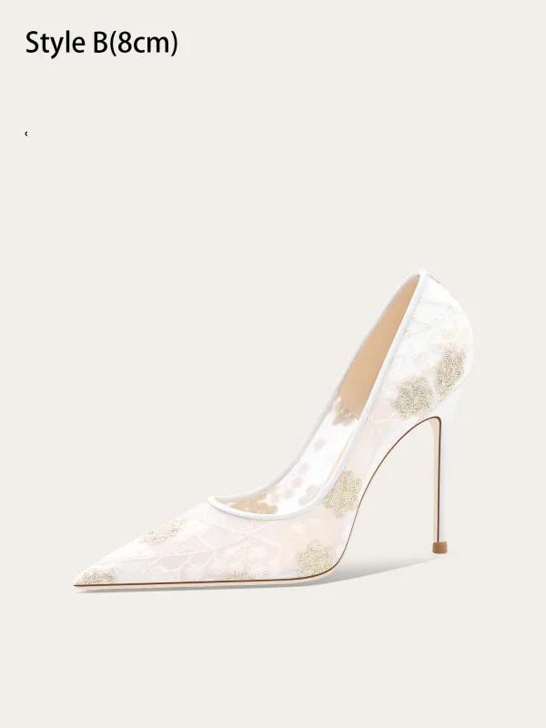 Elegant White Embroidered Lace Wedding Shoes 2025 10 cm Stiletto Heels Pointed Toe Wedding Pumps High Heels