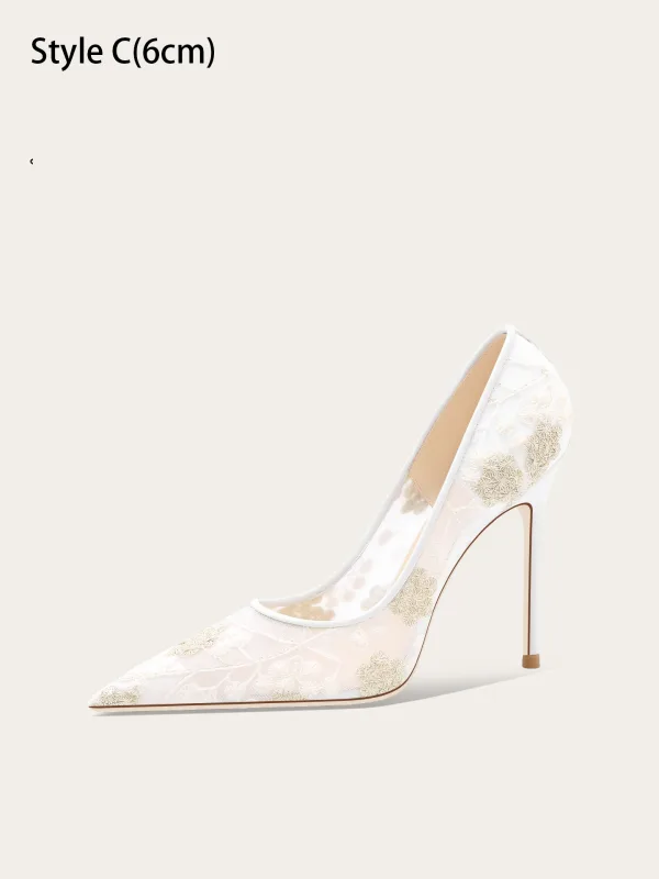 Elegant White Embroidered Lace Wedding Shoes 2025 10 cm Stiletto Heels Pointed Toe Wedding Pumps High Heels