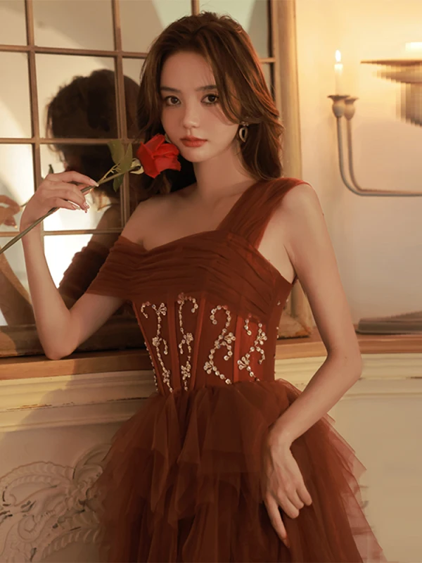 Chic / Beautiful Burgundy Beading Evening Dresses 2023 A-Line / Princess One-Shoulder Sleeveless Backless Floor-Length / Long Evening Party Formal Dresses
