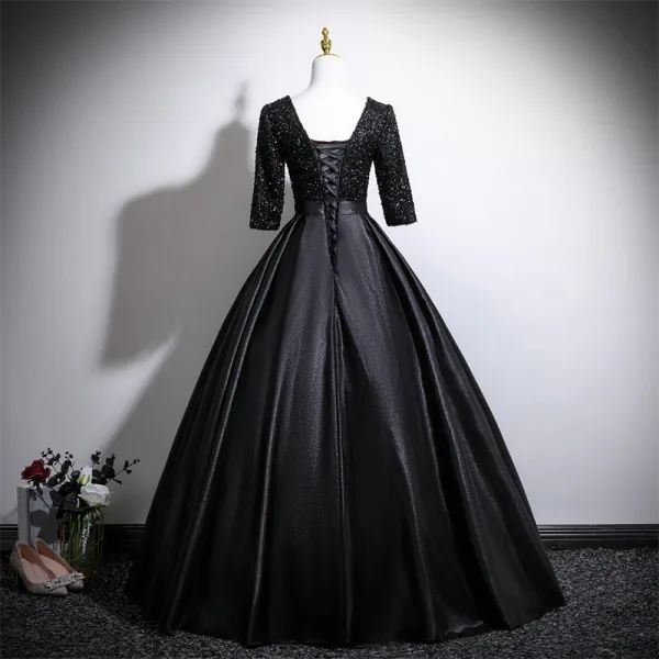 Vintage / Retro Black Sequins Prom Dresses 2025 Ball Gown V-Neck 3/4 Sleeve Backless Floor-Length / Long Formal Dresses
