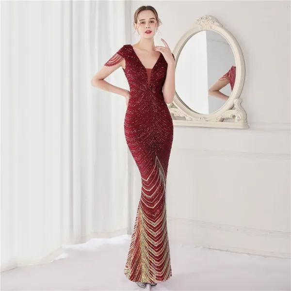 Sexy Black Beading Sequins Evening Dresses 2022 Trumpet / Mermaid V-Neck Sleeveless Floor-Length / Long Evening Party Formal Dresses