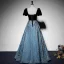 Elegant Black Suede Prom Dresses 2022 Satin A-Line / Princess Square Neckline Puffy Short Sleeve Backless Floor-Length / Long Formal Dresses