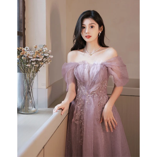 Charmant Violet Perlage Paillettes Robe De Soirée 2023 Princesse Bretelles Spaghetti Manches Courtes Dos Nu Longue Soirée Robe De Ceremonie
