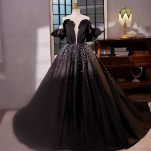 Élégant Noire Perle Satin Robe De Bal 2023 Robe Boule De L Épaule Gonflée Manches Courtes Dos Nu Tribunal Train Promo Robe De Ceremonie