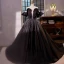 Elegant Black Pearl Satin Prom Dresses 2023 Ball Gown Off-The-Shoulder Puffy Short Sleeve Backless Court Train Prom Formal Dresses