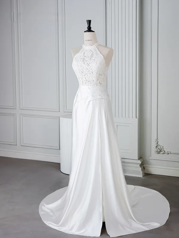 Vintage / Retro White Beading Lace Flower Wedding Dresses 2025 Trumpet / Mermaid High Neck Sleeveless Sweep Train