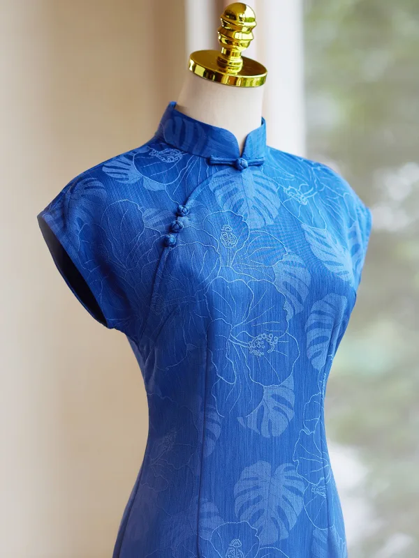 Chinesischer Stil Vintage Blau Wadenlang Cheongsam 2024 Meerjungfrau Stehkragen Kurze Ärmel