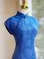 Chinesischer Stil Vintage Blau Wadenlang Cheongsam 2024 Meerjungfrau Stehkragen Kurze Ärmel