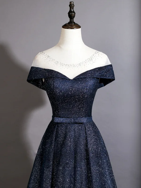 Bling Bling Navy Blue Sequins Prom Dresses 2026 A-Line / Princess Scoop Neck Short Sleeve Backless Floor-Length / Long Formal Dresses