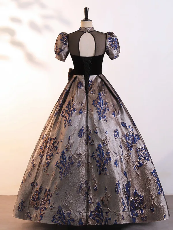 Vintage / Retro Black Printing Bow Prom Dresses 2025 Ball Gown High Neck Puffy Short Sleeve Backless Floor-Length / Long Prom Formal Dresses