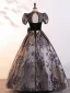 Vintage / Retro Black Printing Bow Prom Dresses 2025 Ball Gown High Neck Puffy Short Sleeve Backless Floor-Length / Long Prom Formal Dresses