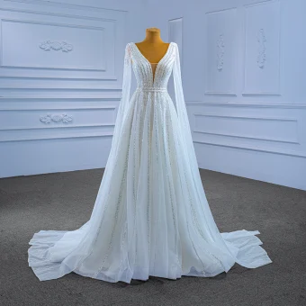 High End Charming White Beading Sequins Wedding Dresses 2022 A Line Princess V Neck Long Sleeve Backless Sweep Train Wedding