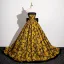 Vintage / Retro Black Gold Printing Prom Dresses 2025 Ball Gown Strapless Sleeveless Backless Bow Sweep Train Prom Formal Dresses