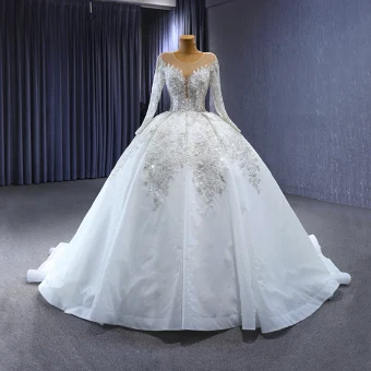 Luxe Witte Handgemaakt Kralen Rhinestone Parel Pailletten Trouwjurken 2023 Baljurk Ronde Hals Lange Mouwen Ruglooze Rechter Trein Huwelijk