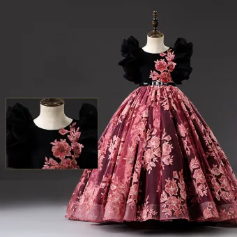 Vintage Originale Bordeaux Paillettes En Dentelle Fleur Promo Robe Ceremonie Fille 2022 Robe Boule Encolure Dégagée Gonflée Manches Courtes Noeud Ceinture Tribunal Train Robe Ceremonie Fille