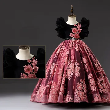 Vintage Originale Bordeaux Paillettes En Dentelle Fleur Promo Robe Ceremonie Fille 2022 Robe Boule Encolure Dégagée Gonflée Manches Courtes Noeud Ceinture Tribunal Train Robe Ceremonie Fille
