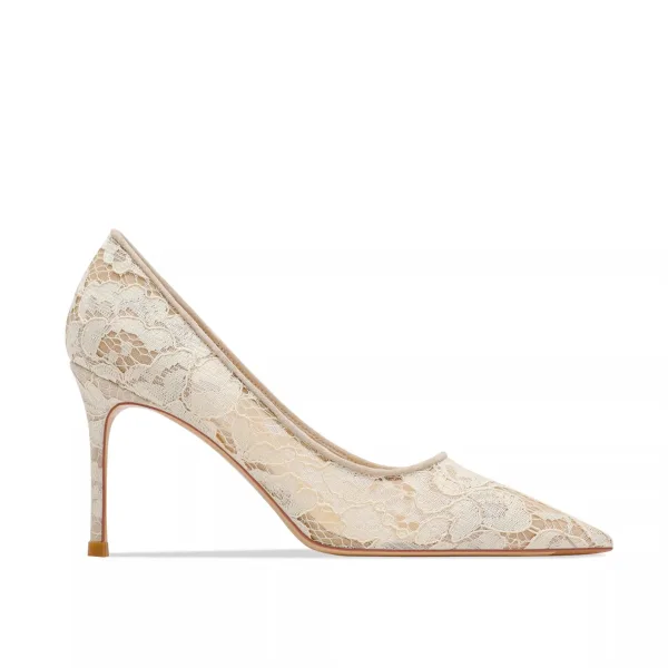 Elegant Ivory Leather Lace Wedding Shoes 2024 Wedding 6 cm Stiletto Heels Pointed Toe Pumps High Heels