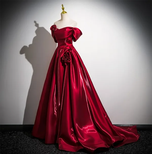 Chic / Beautiful Burgundy Sweep Train Prom Dresses 2025 Ball Gown Off-The-Shoulder Short Sleeve Backless Formal Dresses
