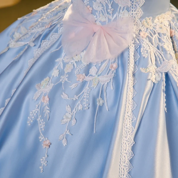 Elegant Sky Blue Satin Beading Pearl Lace Flower Prom Dresses 2023 Ball Gown Square Neckline Puffy Short Sleeve Bow Backless Floor-Length / Long