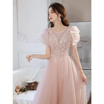 Chic Beautiful Blushing Pink Beading Appliques Evening Dresses 2022 A Line Princess Scoop Neck Short Sleeve Backless Floor Length Long Prom Formal Dresses