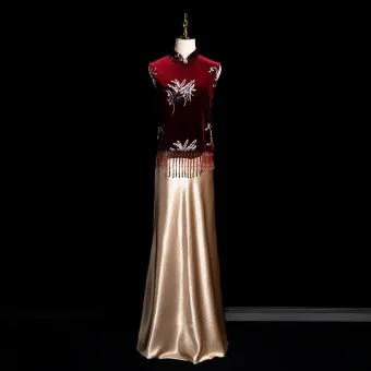 Chinese Style Burgundy Beading Sequins Evening Dresses 2025 Trumpet Mermaid High Neck Sleeveless Floor Length Long Evening Party Formal Dresses