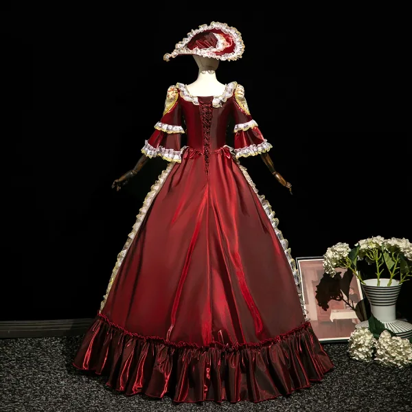 Vintage / Retro Medieval Burgundy Lace Flower Printing Bow Prom Dresses 2025 Ball Gown Square Neckline Bell sleeves Floor-Length / Long Formal Dresses