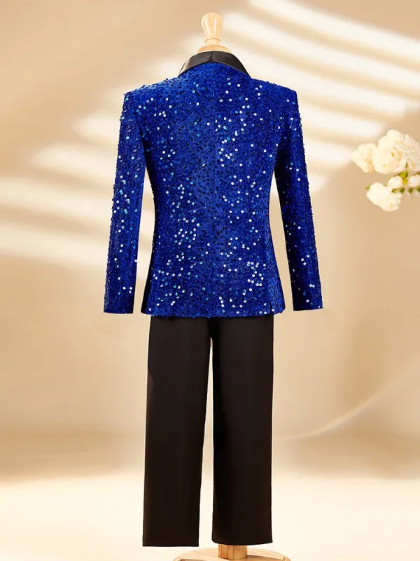 Sparkly Royal Blue Sequins Fall Winter Long Sleeve 6-piece Boys Wedding Suits 2025 Body Jewellery Coat Pants Shirt Tie Vest