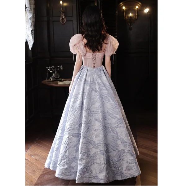 Chic / Beautiful Blushing Pink Grey Prom Dresses 2023 A-Line / Princess Square Neckline Puffy Short Sleeve Backless Floor-Length / Long Prom Formal Dresses