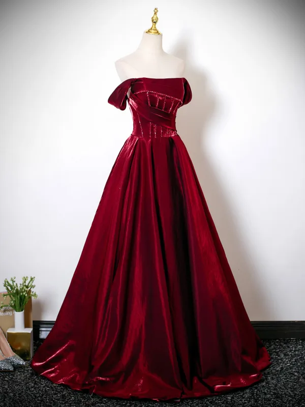 Chic / Beautiful Burgundy Beading Prom Dresses 2025 Ball Gown Off-The-Shoulder Sleeveless Backless Floor-Length / Long Formal Dresses