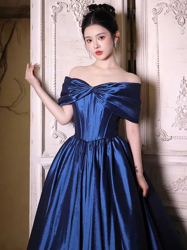 Vintage / Retro Royal Blue Prom Dresses 2025 Ball Gown Off-The-Shoulder Short Sleeve Backless Floor-Length / Long Prom Formal Dresses