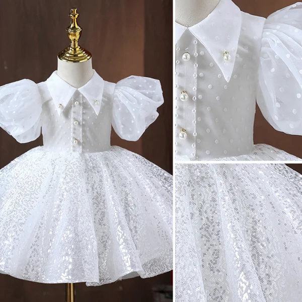 Chic / Beautiful White Pearl Sequins Flower Girl Dresses 2022 A-Line / Princess High Neck Puffy Short Sleeve Floor-Length / Long Prom Flower Girl Dresses