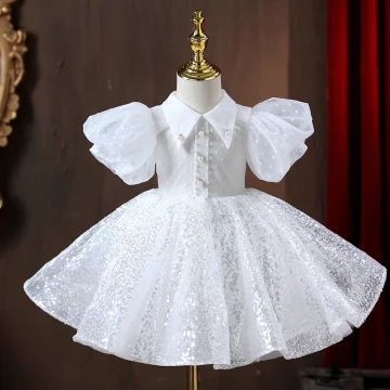 Chic Beautiful White Pearl Sequins Flower Girl Dresses 2022 A Line Princess High Neck Puffy Short Sleeve Floor Length Long Prom Flower Girl Dresses