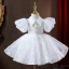 Chic / Beautiful White Pearl Sequins Flower Girl Dresses 2022 A-Line / Princess High Neck Puffy Short Sleeve Floor-Length / Long Prom Flower Girl Dresses