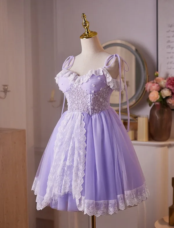 Chic / Beautiful Lavender Beading Sequins Lace Flower Short Party Dresses 2025 A-Line / Princess Spaghetti Straps Sleeveless Backless Tulle Cocktail Party Evening Party