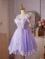 Chic / Beautiful Lavender Beading Sequins Lace Flower Short Party Dresses 2025 A-Line / Princess Spaghetti Straps Sleeveless Backless Tulle Cocktail Party Evening Party