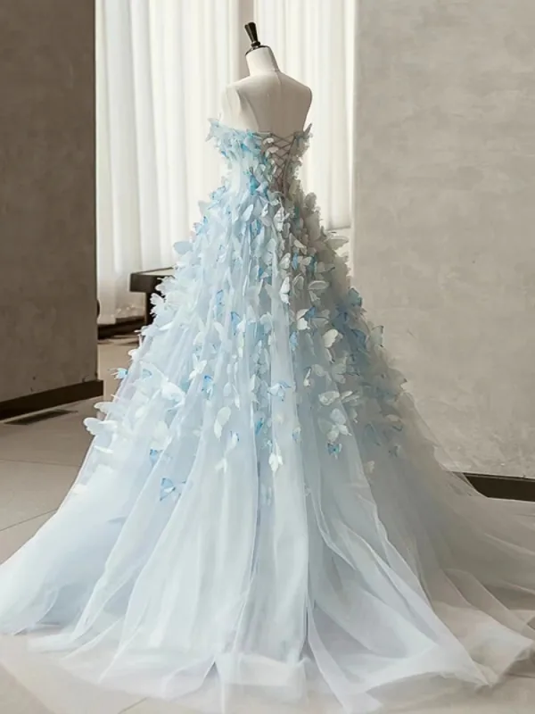 Chic / Belle Bleu Ciel Appliques Bustier Robe De Bal 2024 Princesse Sans Manches Dos Nu Train De Balayage Promo Robe De Ceremonie