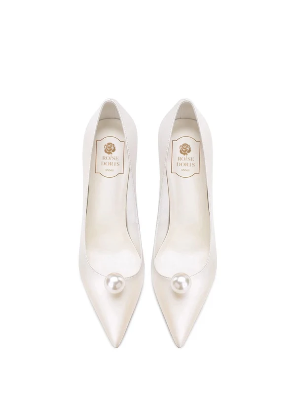 Élégant Ivoire Satin Perle Chaussure De Mariée 2024 8 cm Talons Aiguilles À Bout Pointu Mariage Escarpins Talons Hauts