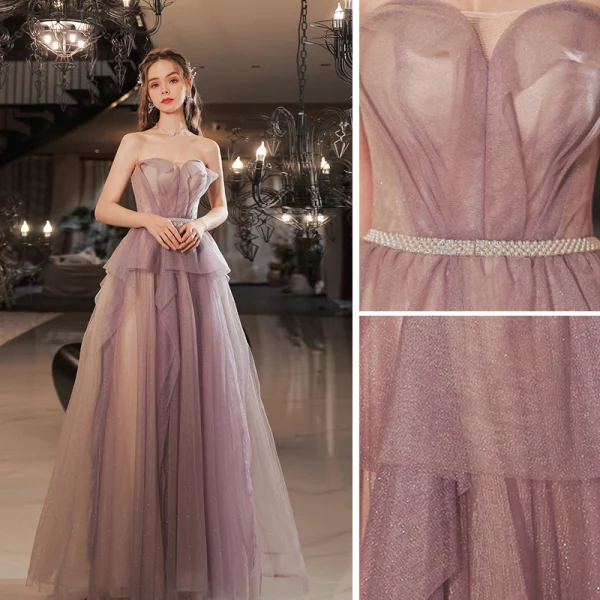 Charming Purple Ruffle Prom Dresses 2022 A-Line / Princess Strapless Sleeveless Backless Floor-Length / Long Prom Formal Dresses