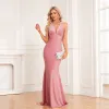 Sexy Blushing Pink Glitter Evening Dresses 2024 Trumpet / Mermaid Halter Sleeveless Backless Bow Sweep Train Evening Party Formal Dresses