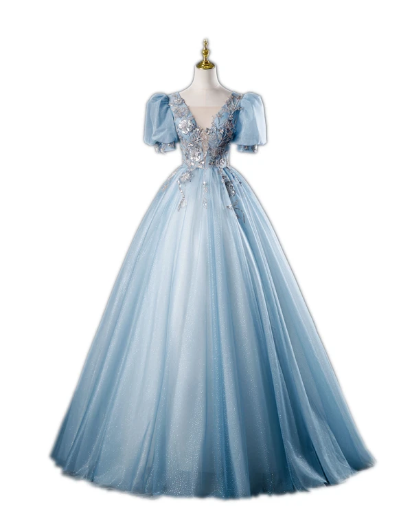 Elegant Sky Blue Beading Sequins Ball Gown Prom Dresses 2023 V-Neck Short Sleeve Backless Floor-Length / Long Prom Formal Dresses