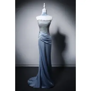 Sexy Himmelen Blå Rhinestone Selskapskjoler 2026 Trompet Havfrue Strapless Uten Ermer Ryggløse Feie Tog Aften Formelle Kjoler