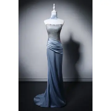 Sexy Sky Blue Rhinestone Evening Dresses 2026 Trumpet Mermaid Strapless Sleeveless Backless Sweep Train Evening Party Formal Dresses