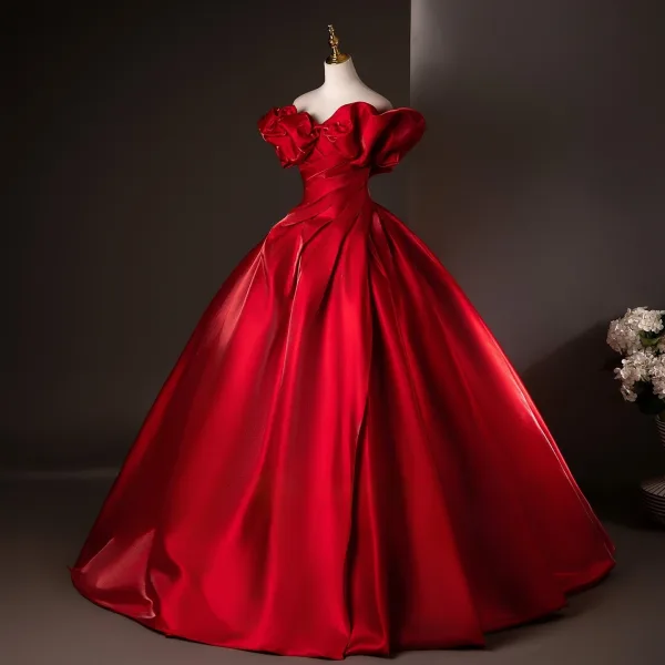 Elegant Red Prom Dresses 2025 Ball Gown Ruffle Off-The-Shoulder Short Sleeve Backless Floor-Length / Long Formal Dresses