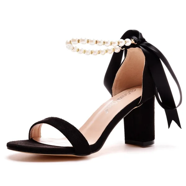Sexy Beige Perle Knöchelriemen Schleife Sandalen Damen 2023 7 cm Thick Heels Peeptoes Ball Sandaletten Hochhackige