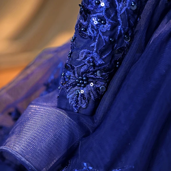 Vintage / Retro Navy Blue Pearl Sequins Lace Flower Prom Dresses 2022 Ball Gown High Neck Cascading Ruffles Long Sleeve Backless Beading Floor-Length / Long