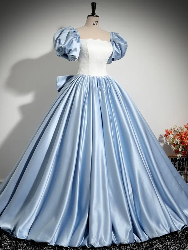 Elegant Sky Blue Satin Prom Dresses 2024 Ball Gown Square Neckline Puffy Short Sleeve Backless Bow Floor-Length / Long Prom Formal Dresses
