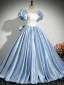 Elegant Sky Blue Satin Prom Dresses 2024 Ball Gown Square Neckline Puffy Short Sleeve Backless Bow Floor-Length / Long Prom Formal Dresses