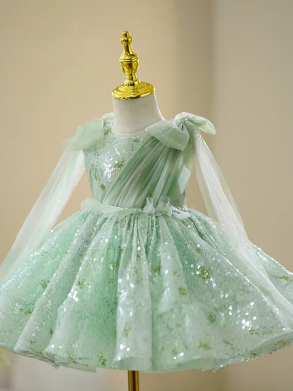 Chic / Beautiful Sage Green Beading Pearl Sequins Short Birthday Flower Girl Dresses 2024 Ball Gown Scoop Neck Bow Sleeveless Tulle