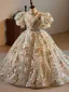Bling Bling Champagne Beading Pearl Rhinestone Sequins Birthday Flower Girl Dresses 2024 Ball Gown High Neck Puffy Short Sleeve Floor-Length / Long